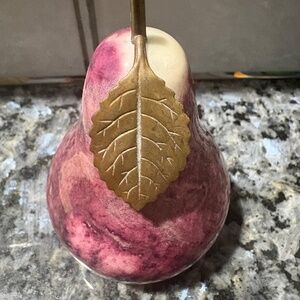 Natural alabaster stone pear, with brass stem and leaf
